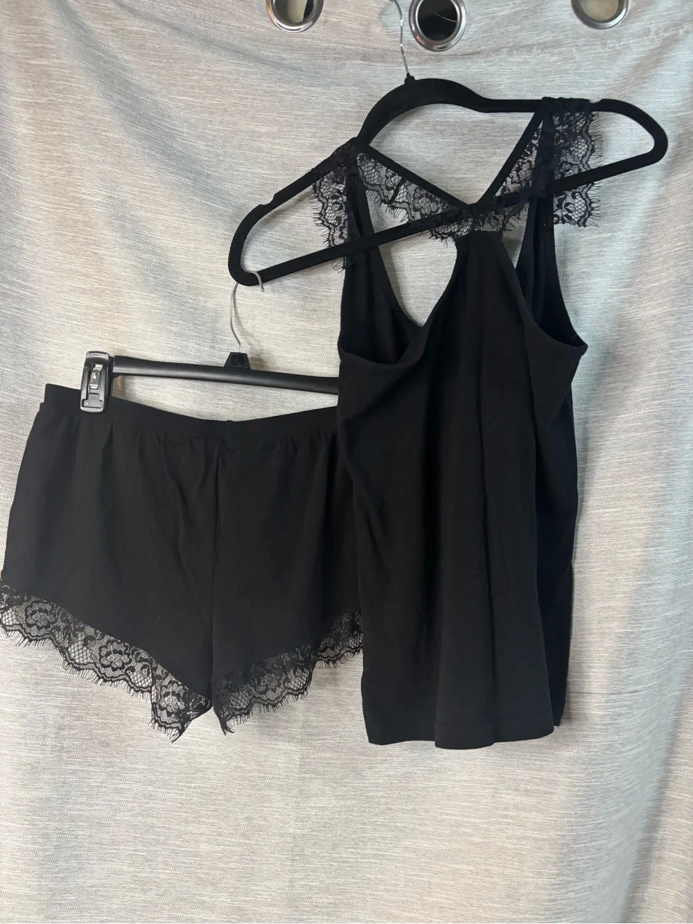 bebe Black Lace-Trim Tank & Short Sleep Set with Rhinestone Logo